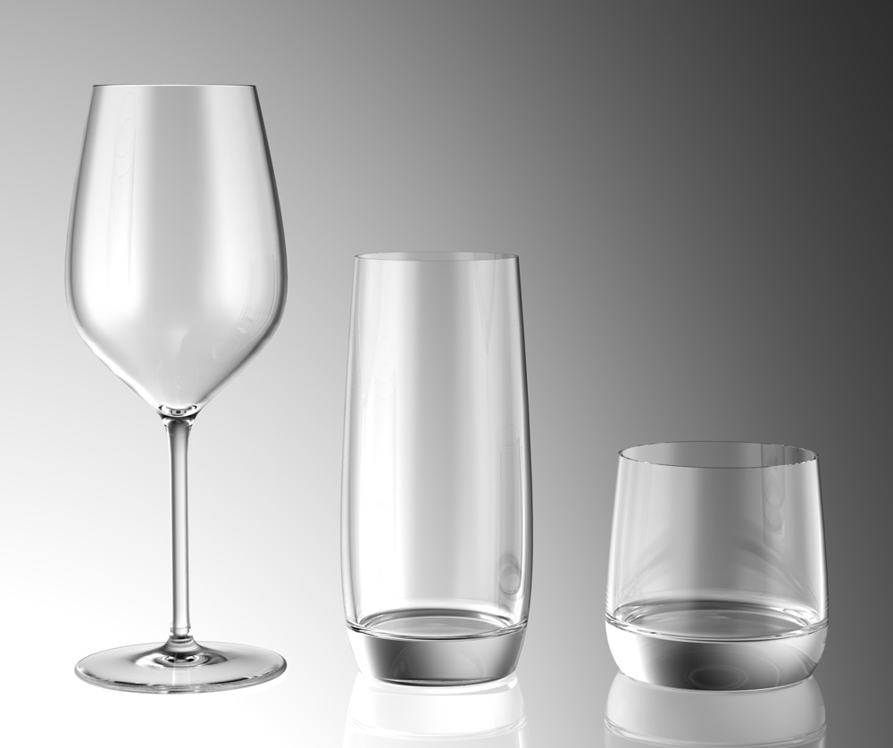rendering of wine glass, water glass, and whiskey glass
