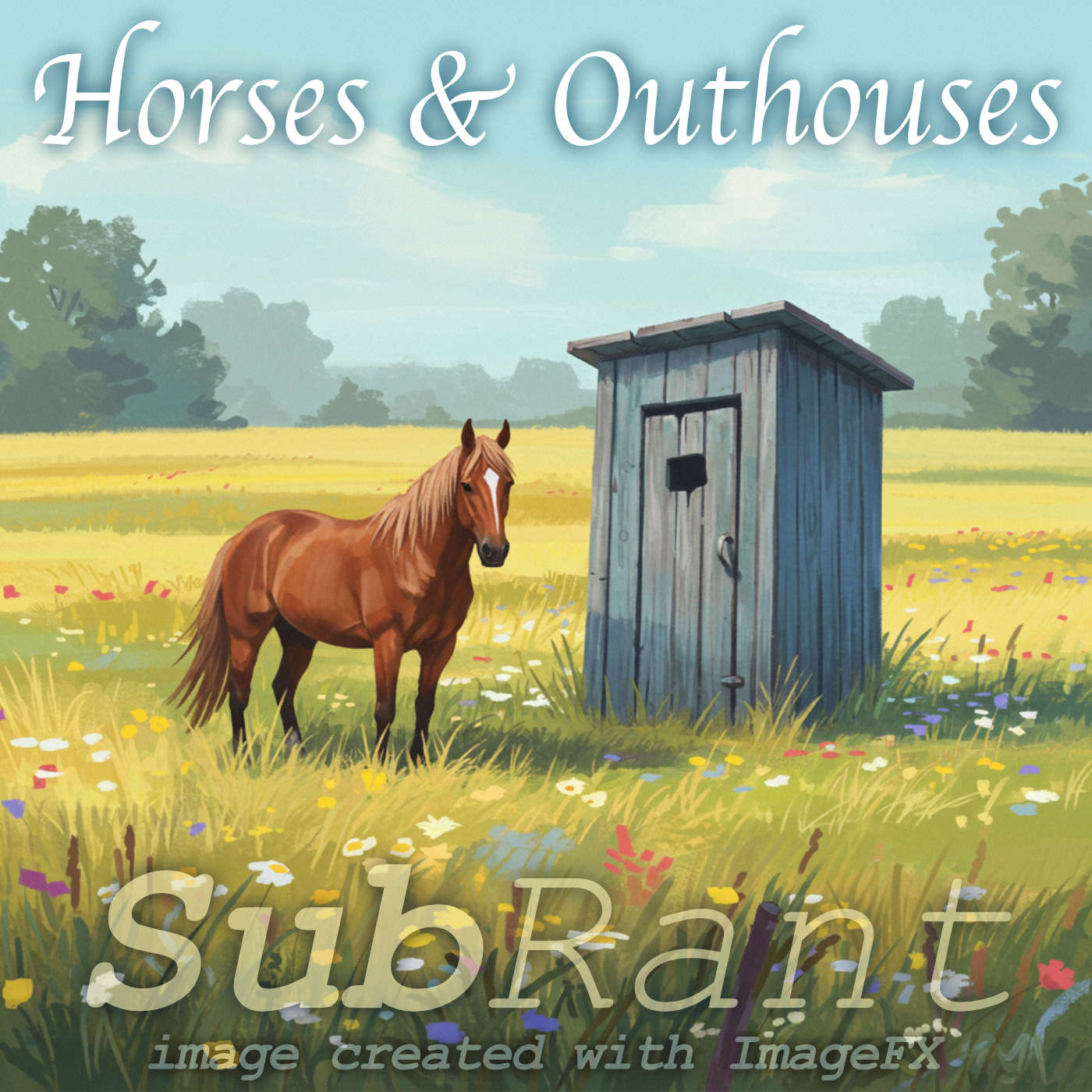 SubRant Podcast show art - a horse and an outhouse in a field